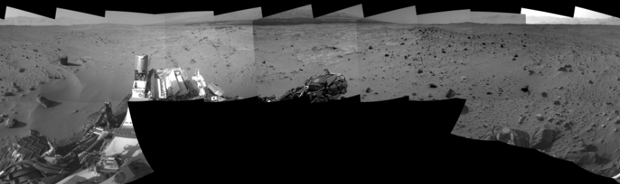 NASA's Mars rover Curiosity took 17 images in Gale Crater using its mast-mounted Right Navigation Camera (Navcam) to create this mosaic. The seam-corrected mosaic provides a 0-degree cylindrical-perspective projection panorama of the Martian surface suitable for stereo viewing, centered at 92 degrees azimuth (measured clockwise from north). This single-eye view must be combined with the partner left image to be viewed in stereo.  Curiosity took the images on September 23, 2013, Sol 402 of the Mars Science Laboratory mission at drive 328, site number 16. The local mean solar time for the image exposures was from 4 PM to 12 PM. Each Navcam image has a 45-degree field of view. CREDIT: NASA/JPL-Caltech