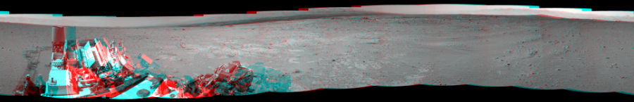 NASA's Mars rover Curiosity took 12 image pairs in Gale Crater using its mast-mounted Navigation Camera (Navcam) to create this mosaic. The seam-corrected mosaic provides a 360-degree cylindrical perspective projection panorama of the Martian surface suitable for stereo viewing, centered at 329 degrees azimuth (measured clockwise from north). This anaglyph must be viewed with red/blue glasses (red over left eye).  Curiosity took the images on September 27, 2013, Sols 406-408 of the Mars Science Laboratory mission at drive 0, site number 17. The local mean solar time for the image exposures was 2 PM. Each Navcam image has a 45-degree field of view. CREDIT: NASA/JPL-Caltech