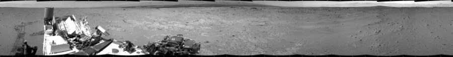 NASA's Mars rover Curiosity took 12 images in Gale Crater using its mast-mounted Left Navigation Camera (Navcam) to create this mosaic. The seam-corrected mosaic provides a 360-degree cylindrical projection panorama of the Martian surface centered at 180 degrees azimuth (measured clockwise from north). Curiosity took the images on September 27, 2013, Sols 406-408 of the Mars Science Laboratory mission at drive 0, site number 17. The local mean solar time for the image exposures was 2 PM. Each Navcam image has a 45 degree field of view. CREDIT: NASA/JPL-Caltech