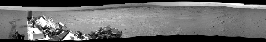 NASA's Mars rover Curiosity took 12 images in Gale Crater using its mast-mounted Left Navigation Camera (Navcam) to create this mosaic. The seam-corrected mosaic provides a 360-degree cylindrical-perspective projection panorama of the Martian surface suitable for stereo viewing, centered at 329 degrees azimuth (measured clockwise from north). This single-eye view must be combined with the partner right image to be viewed in stereo.  Curiosity took the images on September 27, 2013, Sols 406-408 of the Mars Science Laboratory mission at drive 0, site number 17. The local mean solar time for the image exposures was 2 PM. Each Navcam image has a 45-degree field of view. CREDIT: NASA/JPL-Caltech