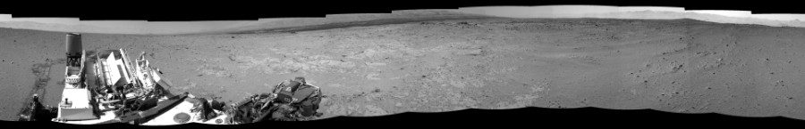 NASA's Mars rover Curiosity took 12 images in Gale Crater using its mast-mounted Right Navigation Camera (Navcam) to create this mosaic. The seam-corrected mosaic provides a 0-degree cylindrical-perspective projection panorama of the Martian surface suitable for stereo viewing, centered at 143 degrees azimuth (measured clockwise from north). This single-eye view must be combined with the partner left image to be viewed in stereo.  Curiosity took the images on September 27, 2013, Sols 406-408 of the Mars Science Laboratory mission at drive 0, site number 17. The local mean solar time for the image exposures was 2 PM. Each Navcam image has a 45-degree field of view. CREDIT: NASA/JPL-Caltech