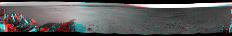 NASA's Mars rover Curiosity took 12 image pairs in Gale Crater using its mast-mounted Navigation Camera (Navcam) to create this mosaic. The seam-corrected mosaic provides a 360-degree cylindrical perspective projection panorama of the Martian surface suitable for stereo viewing, centered at 0 degrees azimuth (measured clockwise from north). This anaglyph must be viewed with red/blue glasses (red over left eye).  Curiosity took the images on October 11, 2013, Sol 419 of the Mars Science Laboratory mission at drive 0, site number 19. The local mean solar time for the image exposures was 4 PM. Each Navcam image has a 45-degree field of view. CREDIT: NASA/JPL-Caltech