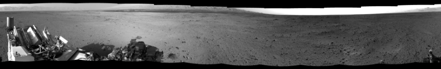 NASA's Mars rover Curiosity took 12 images in Gale Crater using its mast-mounted Left Navigation Camera (Navcam) to create this mosaic. The seam-corrected mosaic provides a 360-degree cylindrical-perspective projection panorama of the Martian surface suitable for stereo viewing, centered at 0 degrees azimuth (measured clockwise from north). This single-eye view must be combined with the partner right image to be viewed in stereo.  Curiosity took the images on October 11, 2013, Sol 419 of the Mars Science Laboratory mission at drive 0, site number 19. The local mean solar time for the image exposures was 4 PM. Each Navcam image has a 45-degree field of view. CREDIT: NASA/JPL-Caltech