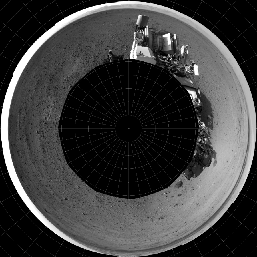 NASA's Mars rover Curiosity took 12 images in Gale Crater using its mast-mounted Left Navigation Camera (Navcam) to create this mosaic. The seam-corrected mosaic provides a polar stereographic projection panorama of the Martian surface with 0 degrees azimuth (measured clockwise from north) at the top of the image. Curiosity took the images on October 11, 2013, Sol 419 of the Mars Science Laboratory mission at drive 0, site number 19. The local mean solar time for the image exposures was 4 PM. Each Navcam image has a 45-degree field of view. CREDIT: NASA/JPL-Caltech