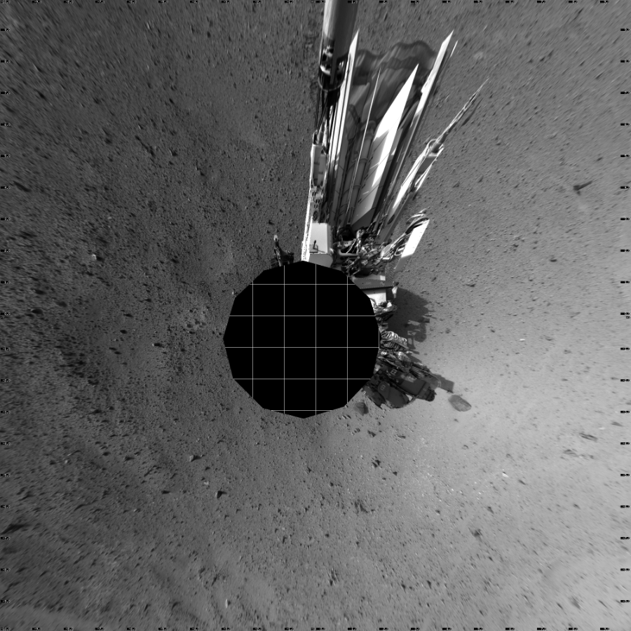 NASA's Mars rover Curiosity took 12 images in Gale Crater using its mast-mounted Left Navigation Camera (Navcam) to create this mosaic. The seam-corrected mosaic provides a vertical projection of the Martian surface near the rover, covering an area of 20 meters (north/south) by 20 meters (east/west). North is up in the image. This projection provides an overhead view, but introduces distortion for items not on the surface, such as large rocks and the rover itself.  Curiosity took the images on October 11, 2013, Sol 419 of the Mars Science Laboratory mission at drive 0, site number 19. The local mean solar time for the image exposures was 4 PM. Each Navcam image has a 45-degree field of view. CREDIT: NASA/JPL-Caltech