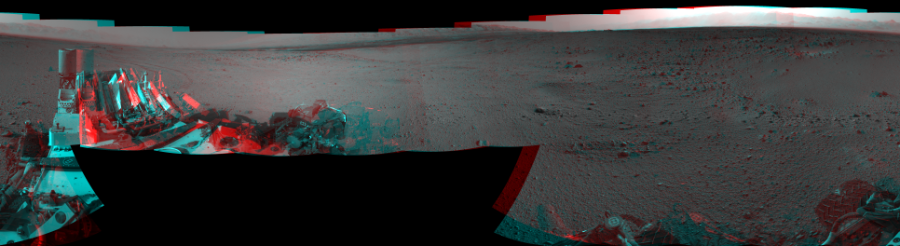 NASA's Mars rover Curiosity took 17 image pairs in Gale Crater using its mast-mounted Navigation Camera (Navcam) to create this mosaic. The seam-corrected mosaic provides a 360-degree cylindrical perspective projection panorama of the Martian surface suitable for stereo viewing, centered at 335 degrees azimuth (measured clockwise from north). This anaglyph must be viewed with red/blue glasses (red over left eye).  Curiosity took the images on October 16, 2013, Sol 424 of the Mars Science Laboratory mission at drive 1066, site number 19. The local mean solar time for the image exposures was 4 PM. Each Navcam image has a 45-degree field of view. CREDIT: NASA/JPL-Caltech