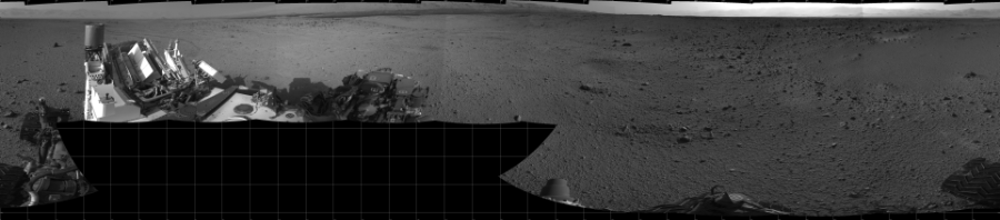 NASA's Mars rover Curiosity took 17 images in Gale Crater using its mast-mounted Left Navigation Camera (Navcam) to create this mosaic. The seam-corrected mosaic provides a 360-degree cylindrical projection panorama of the Martian surface centered at 180 degrees azimuth (measured clockwise from north). Curiosity took the images on October 16, 2013, Sol 424 of the Mars Science Laboratory mission at drive 1066, site number 19. The local mean solar time for the image exposures was 4 PM. Each Navcam image has a 45 degree field of view. CREDIT: NASA/JPL-Caltech