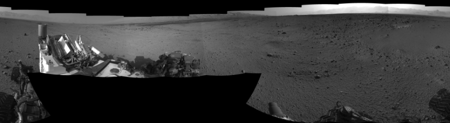 NASA's Mars rover Curiosity took 17 images in Gale Crater using its mast-mounted Left Navigation Camera (Navcam) to create this mosaic. The seam-corrected mosaic provides a 360-degree cylindrical-perspective projection panorama of the Martian surface suitable for stereo viewing, centered at 335 degrees azimuth (measured clockwise from north). This single-eye view must be combined with the partner right image to be viewed in stereo. Curiosity took the images on October 16, 2013, Sol 424 of the Mars Science Laboratory mission at drive 1066, site number 19. The local mean solar time for the image exposures was 4 PM. Each Navcam image has a 45-degree field of view. CREDIT: NASA/JPL-Caltech