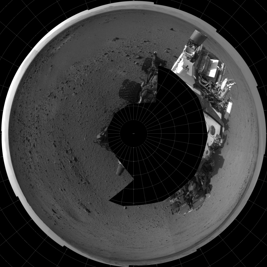 NASA's Mars rover Curiosity took 17 images in Gale Crater using its mast-mounted Left Navigation Camera (Navcam) to create this mosaic. The seam-corrected mosaic provides a polar stereographic projection panorama of the Martian surface with 0 degrees azimuth (measured clockwise from north) at the top of the image. Curiosity took the images on October 16, 2013, Sol 424 of the Mars Science Laboratory mission at drive 1066, site number 19. The local mean solar time for the image exposures was 4 PM. Each Navcam image has a 45-degree field of view. CREDIT: NASA/JPL-Caltech