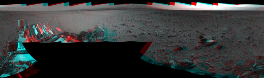 NASA's Mars rover Curiosity took 17 image pairs in Gale Crater using its mast-mounted Navigation Camera (Navcam) to create this mosaic. The seam-corrected mosaic provides a 360-degree cylindrical perspective projection panorama of the Martian surface suitable for stereo viewing, centered at 335 degrees azimuth (measured clockwise from north). This anaglyph must be viewed with red/blue glasses (red over left eye).  Curiosity took the images on October 18, 2013, Sol 426 of the Mars Science Laboratory mission at drive 0, site number 20. The local mean solar time for the image exposures was 4 PM. Each Navcam image has a 45-degree field of view. CREDIT: NASA/JPL-Caltech