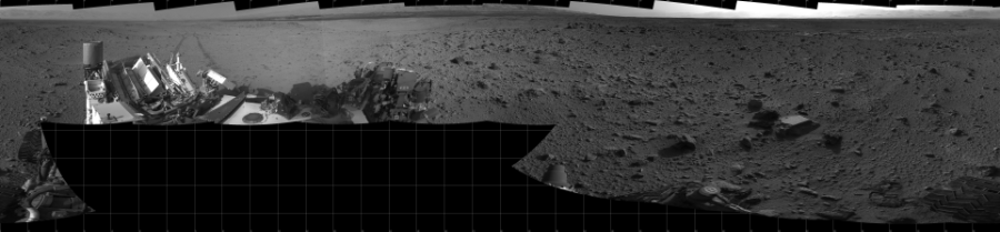 NASA's Mars rover Curiosity took 17 images in Gale Crater using its mast-mounted Left Navigation Camera (Navcam) to create this mosaic. The seam-corrected mosaic provides a 360-degree cylindrical projection panorama of the Martian surface centered at 180 degrees azimuth (measured clockwise from north). Curiosity took the images on October 18, 2013, Sol 426 of the Mars Science Laboratory mission at drive 0, site number 20. The local mean solar time for the image exposures was 4 PM. Each Navcam image has a 45 degree field of view. CREDIT: NASA/JPL-Caltech