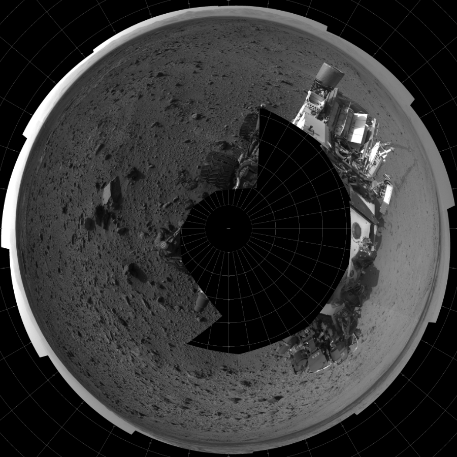 NASA's Mars rover Curiosity took 17 images in Gale Crater using its mast-mounted Left Navigation Camera (Navcam) to create this mosaic. The seam-corrected mosaic provides a polar stereographic projection panorama of the Martian surface with 0 degrees azimuth (measured clockwise from north) at the top of the image. Curiosity took the images on October 18, 2013, Sol 426 of the Mars Science Laboratory mission at drive 0, site number 20. The local mean solar time for the image exposures was 4 PM. Each Navcam image has a 45-degree field of view. CREDIT: NASA/JPL-Caltech