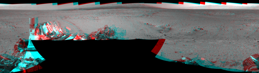 NASA's Mars rover Curiosity took 17 image pairs in Gale Crater using its mast-mounted Navigation Camera (Navcam) to create this mosaic. The seam-corrected mosaic provides a 360-degree cylindrical perspective projection panorama of the Martian surface suitable for stereo viewing, centered at 319 degrees azimuth (measured clockwise from north). This anaglyph must be viewed with red/blue glasses (red over left eye).  Curiosity took the images on October 25, 2013, Sol 433 of the Mars Science Laboratory mission at drive 0, site number 21. The local mean solar time for the image exposures was 2 PM. Each Navcam image has a 45-degree field of view. CREDIT: NASA/JPL-Caltech
