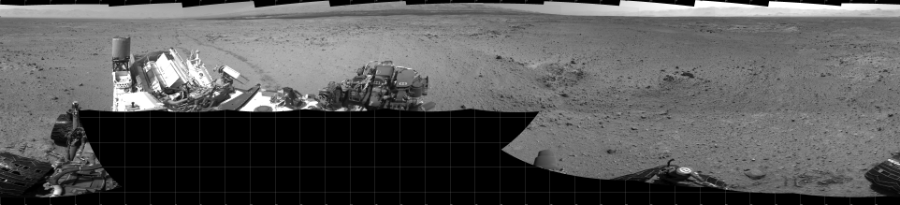NASA's Mars rover Curiosity took 17 images in Gale Crater using its mast-mounted Left Navigation Camera (Navcam) to create this mosaic. The seam-corrected mosaic provides a 360-degree cylindrical projection panorama of the Martian surface centered at 180 degrees azimuth (measured clockwise from north). Curiosity took the images on October 25, 2013, Sol 433 of the Mars Science Laboratory mission at drive 0, site number 21. The local mean solar time for the image exposures was 2 PM. Each Navcam image has a 45 degree field of view. CREDIT: NASA/JPL-Caltech