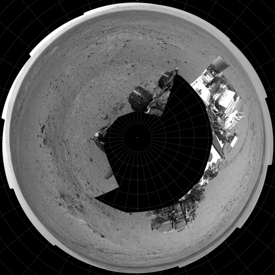 NASA's Mars rover Curiosity took 17 images in Gale Crater using its mast-mounted Left Navigation Camera (Navcam) to create this mosaic. The seam-corrected mosaic provides a polar stereographic projection panorama of the Martian surface with 0 degrees azimuth (measured clockwise from north) at the top of the image. Curiosity took the images on October 25, 2013, Sol 433 of the Mars Science Laboratory mission at drive 0, site number 21. The local mean solar time for the image exposures was 2 PM. Each Navcam image has a 45-degree field of view. CREDIT: NASA/JPL-Caltech