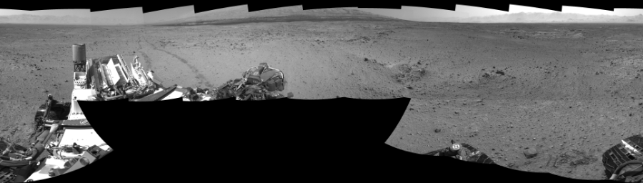 NASA's Mars rover Curiosity took 17 images in Gale Crater using its mast-mounted Right Navigation Camera (Navcam) to create this mosaic. The seam-corrected mosaic provides a 0-degree cylindrical-perspective projection panorama of the Martian surface suitable for stereo viewing, centered at 132 degrees azimuth (measured clockwise from north). This single-eye view must be combined with the partner left image to be viewed in stereo.  Curiosity took the images on October 25, 2013, Sol 433 of the Mars Science Laboratory mission at drive 0, site number 21. The local mean solar time for the image exposures was 2 PM. Each Navcam image has a 45-degree field of view. CREDIT: NASA/JPL-Caltech