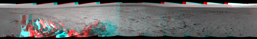 NASA's Mars rover Curiosity took 12 image pairs in Gale Crater using its mast-mounted Navigation Camera (Navcam) to create this mosaic. The seam-corrected mosaic provides a 360-degree cylindrical perspective projection panorama of the Martian surface suitable for stereo viewing, centered at 328 degrees azimuth (measured clockwise from north). This anaglyph must be viewed with red/blue glasses (red over left eye).  Curiosity took the images on November 16, 2013, Sol 454 of the Mars Science Laboratory mission at drive 0, site number 23. The local mean solar time for the image exposures was from 2 PM to 3 PM. Each Navcam image has a 45-degree field of view. CREDIT: NASA/JPL-Caltech