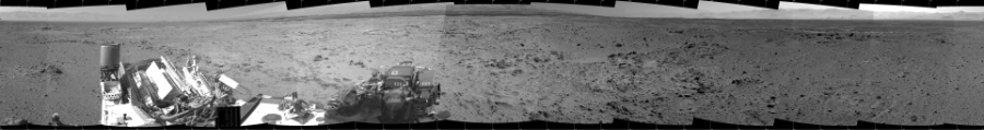 NASA's Mars rover Curiosity took 12 images in Gale Crater using its mast-mounted Left Navigation Camera (Navcam) to create this mosaic. The seam-corrected mosaic provides a 360-degree cylindrical projection panorama of the Martian surface centered at 180 degrees azimuth (measured clockwise from north). Curiosity took the images on November 16, 2013, Sol 454 of the Mars Science Laboratory mission at drive 0, site number 23. The local mean solar time for the image exposures was from 2 PM to 3 PM. Each Navcam image has a 45 degree field of view. CREDIT: NASA/JPL-Caltech