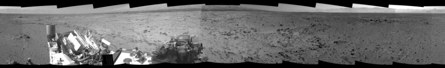 NASA's Mars rover Curiosity took 12 images in Gale Crater using its mast-mounted Left Navigation Camera (Navcam) to create this mosaic. The seam-corrected mosaic provides a 360-degree cylindrical-perspective projection panorama of the Martian surface suitable for stereo viewing, centered at 328 degrees azimuth (measured clockwise from north). This single-eye view must be combined with the partner right image to be viewed in stereo.  Curiosity took the images on November 16, 2013, Sol 454 of the Mars Science Laboratory mission at drive 0, site number 23. The local mean solar time for the image exposures was from 2 PM to 3 PM. Each Navcam image has a 45-degree field of view. CREDIT: NASA/JPL-Caltech