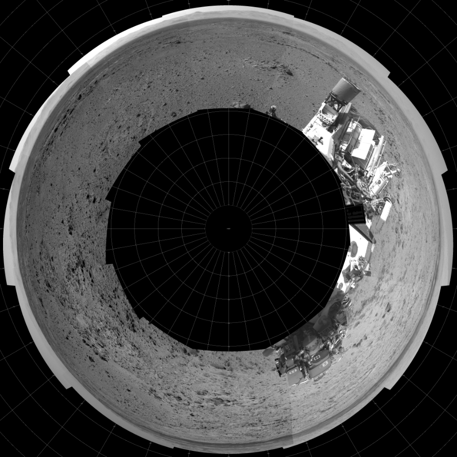 NASA's Mars rover Curiosity took 12 images in Gale Crater using its mast-mounted Left Navigation Camera (Navcam) to create this mosaic. The seam-corrected mosaic provides a polar stereographic projection panorama of the Martian surface with 0 degrees azimuth (measured clockwise from north) at the top of the image. Curiosity took the images on November 16, 2013, Sol 454 of the Mars Science Laboratory mission at drive 0, site number 23. The local mean solar time for the image exposures was from 2 PM to 3 PM. Each Navcam image has a 45-degree field of view. CREDIT: NASA/JPL-Caltech