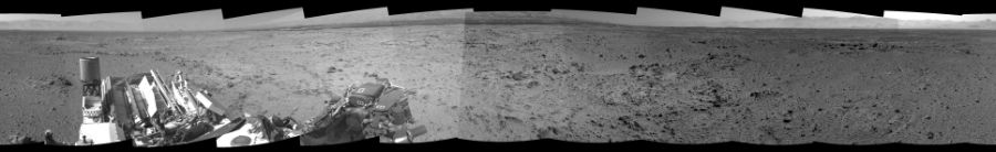 NASA's Mars rover Curiosity took 12 images in Gale Crater using its mast-mounted Right Navigation Camera (Navcam) to create this mosaic. The seam-corrected mosaic provides a 0-degree cylindrical-perspective projection panorama of the Martian surface suitable for stereo viewing, centered at 143 degrees azimuth (measured clockwise from north). This single-eye view must be combined with the partner left image to be viewed in stereo.  Curiosity took the images on November 16, 2013, Sol 454 of the Mars Science Laboratory mission at drive 0, site number 23. The local mean solar time for the image exposures was from 2 PM to 3 PM. Each Navcam image has a 45-degree field of view. CREDIT: NASA/JPL-Caltech
