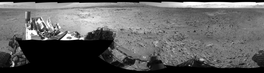 NASA's Mars rover Curiosity took 18 images in Gale Crater using its mast-mounted Left Navigation Camera (Navcam) to create this mosaic. The seam-corrected mosaic provides a 360-degree cylindrical-perspective projection panorama of the Martian surface suitable for stereo viewing, centered at 331 degrees azimuth (measured clockwise from north). This single-eye view must be combined with the partner right image to be viewed in stereo.  Curiosity took the images on December 02, 2013, Sol 470 of the Mars Science Laboratory mission at drive 0, site number 24. The local mean solar time for the image exposures was 3 PM. Each Navcam image has a 45-degree field of view. CREDIT: NASA/JPL-Caltech