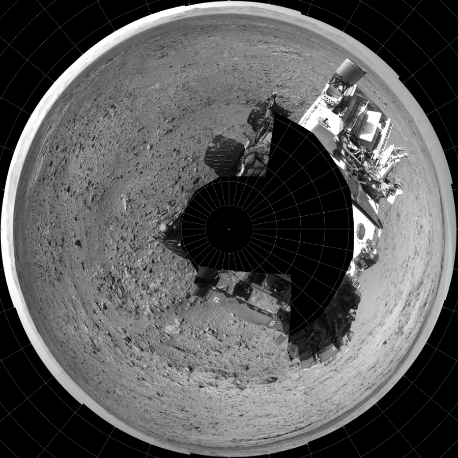 NASA's Mars rover Curiosity took 18 images in Gale Crater using its mast-mounted Left Navigation Camera (Navcam) to create this mosaic. The seam-corrected mosaic provides a polar stereographic projection panorama of the Martian surface with 0 degrees azimuth (measured clockwise from north) at the top of the image. Curiosity took the images on December 02, 2013, Sol 470 of the Mars Science Laboratory mission at drive 0, site number 24. The local mean solar time for the image exposures was 3 PM. Each Navcam image has a 45-degree field of view. CREDIT: NASA/JPL-Caltech