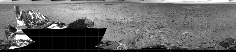 NASA's Mars rover Curiosity took 18 images in Gale Crater using its mast-mounted Right Navigation Camera (Navcam) to create this mosaic. The seam-corrected mosaic provides a 360-degree cylindrical projection panorama of the Martian surface centered at 180 degrees azimuth (measured clockwise from north). Curiosity took the images on December 02, 2013, Sol 470 of the Mars Science Laboratory mission at drive 0, site number 24. The local mean solar time for the image exposures was 3 PM. Each Navcam image has a 45 degree field of view. CREDIT: NASA/JPL-Caltech