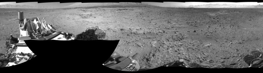 NASA's Mars rover Curiosity took 18 images in Gale Crater using its mast-mounted Right Navigation Camera (Navcam) to create this mosaic. The seam-corrected mosaic provides a 0-degree cylindrical-perspective projection panorama of the Martian surface suitable for stereo viewing, centered at 147 degrees azimuth (measured clockwise from north). This single-eye view must be combined with the partner left image to be viewed in stereo. Curiosity took the images on December 02, 2013, Sol 470 of the Mars Science Laboratory mission at drive 0, site number 24. The local mean solar time for the image exposures was 3 PM. Each Navcam image has a 45-degree field of view. CREDIT: NASA/JPL-Caltech