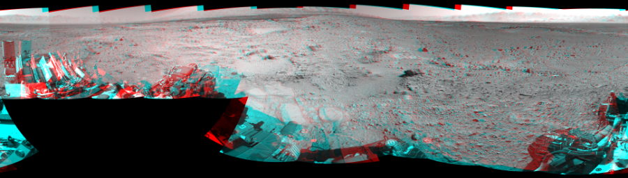 NASA's Mars rover Curiosity took 19 image pairs in Gale Crater using its mast-mounted Navigation Camera (Navcam) to create this mosaic. The seam-corrected mosaic provides a 360-degree cylindrical perspective projection panorama of the Martian surface suitable for stereo viewing, centered at 354 degrees azimuth (measured clockwise from north). This anaglyph must be viewed with red/blue glasses (red over left eye).  Curiosity took the images on December 09, 2013, Sol 477 of the Mars Science Laboratory mission at drive 366, site number 24. The local mean solar time for the image exposures was 2 PM. Each Navcam image has a 45-degree field of view. CREDIT: NASA/JPL-Caltech