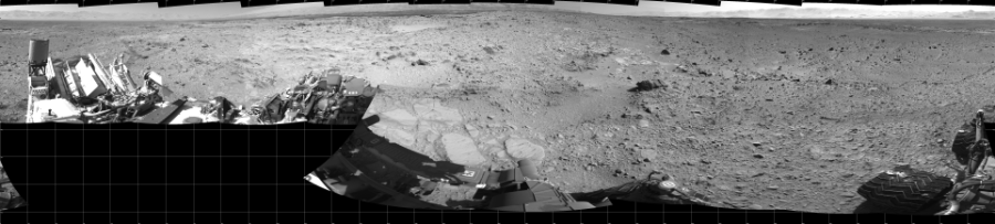 NASA's Mars rover Curiosity took 19 images in Gale Crater using its mast-mounted Left Navigation Camera (Navcam) to create this mosaic. The seam-corrected mosaic provides a 360-degree cylindrical projection panorama of the Martian surface centered at 180 degrees azimuth (measured clockwise from north). Curiosity took the images on December 09, 2013, Sol 477 of the Mars Science Laboratory mission at drive 366, site number 24. The local mean solar time for the image exposures was 2 PM. Each Navcam image has a 45 degree field of view. CREDIT: NASA/JPL-Caltech