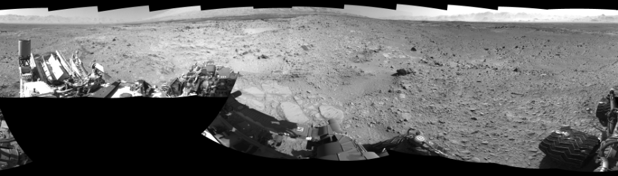 NASA's Mars rover Curiosity took 19 images in Gale Crater using its mast-mounted Left Navigation Camera (Navcam) to create this mosaic. The seam-corrected mosaic provides a 360-degree cylindrical-perspective projection panorama of the Martian surface suitable for stereo viewing, centered at 354 degrees azimuth (measured clockwise from north). This single-eye view must be combined with the partner right image to be viewed in stereo.  Curiosity took the images on December 09, 2013, Sol 477 of the Mars Science Laboratory mission at drive 366, site number 24. The local mean solar time for the image exposures was 2 PM. Each Navcam image has a 45-degree field of view. CREDIT: NASA/JPL-Caltech