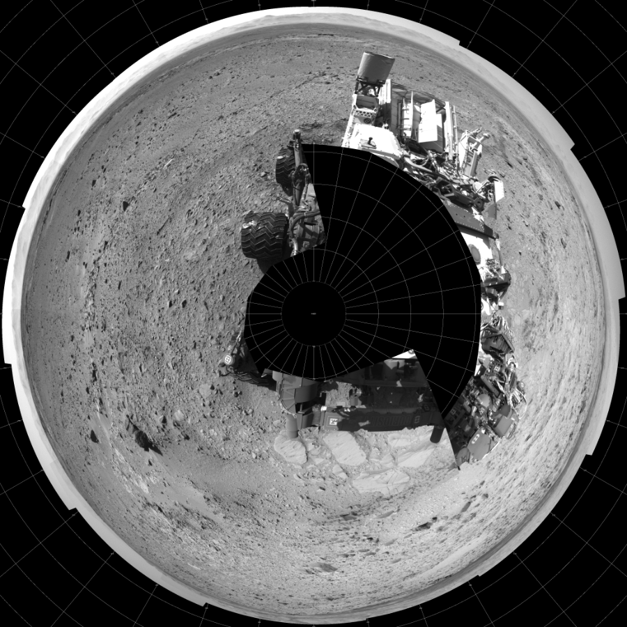 NASA's Mars rover Curiosity took 19 images in Gale Crater using its mast-mounted Left Navigation Camera (Navcam) to create this mosaic. The seam-corrected mosaic provides a polar stereographic projection panorama of the Martian surface with 0 degrees azimuth (measured clockwise from north) at the top of the image. Curiosity took the images on December 09, 2013, Sol 477 of the Mars Science Laboratory mission at drive 366, site number 24. The local mean solar time for the image exposures was 2 PM. Each Navcam image has a 45-degree field of view. CREDIT: NASA/JPL-Caltech