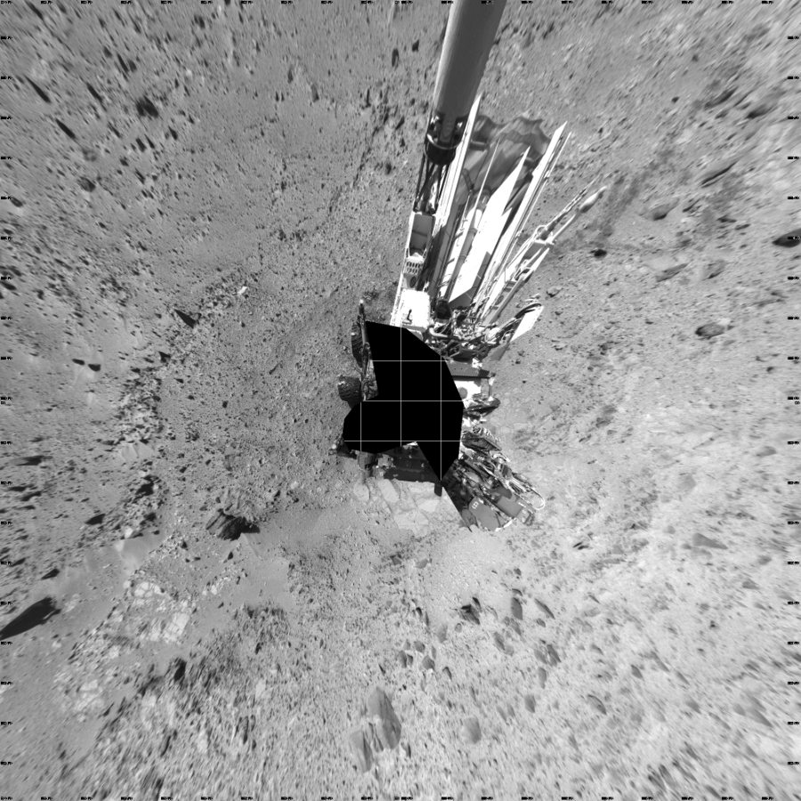 NASA's Mars rover Curiosity took 19 images in Gale Crater using its mast-mounted Left Navigation Camera (Navcam) to create this mosaic. The seam-corrected mosaic provides a vertical projection of the Martian surface near the rover, covering an area of 20 meters (north/south) by 20 meters (east/west). North is up in the image. This projection provides an overhead view, but introduces distortion for items not on the surface, such as large rocks and the rover itself.  Curiosity took the images on December 09, 2013, Sol 477 of the Mars Science Laboratory mission at drive 366, site number 24. The local mean solar time for the image exposures was 2 PM. Each Navcam image has a 45-degree field of view. CREDIT: NASA/JPL-Caltech