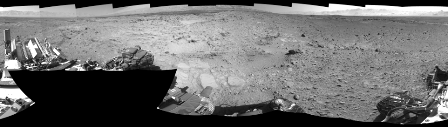 NASA's Mars rover Curiosity took 19 images in Gale Crater using its mast-mounted Right Navigation Camera (Navcam) to create this mosaic. The seam-corrected mosaic provides a 0-degree cylindrical-perspective projection panorama of the Martian surface suitable for stereo viewing, centered at 170 degrees azimuth (measured clockwise from north). This single-eye view must be combined with the partner left image to be viewed in stereo.  Curiosity took the images on December 09, 2013, Sol 477 of the Mars Science Laboratory mission at drive 366, site number 24. The local mean solar time for the image exposures was 2 PM. Each Navcam image has a 45-degree field of view. CREDIT: NASA/JPL-Caltech