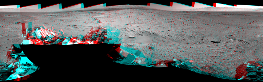 NASA's Mars rover Curiosity took 19 image pairs in Gale Crater using its mast-mounted Navigation Camera (Navcam) to create this mosaic. The seam-corrected mosaic provides a 360-degree cylindrical perspective projection panorama of the Martian surface suitable for stereo viewing, centered at 329 degrees azimuth (measured clockwise from north). This anaglyph must be viewed with red/blue glasses (red over left eye).  Curiosity took the images on December 27, 2013, Sol 494 of the Mars Science Laboratory mission at drive 0, site number 25. The local mean solar time for the image exposures was from 1 PM to 2 PM. Each Navcam image has a 45-degree field of view. CREDIT: NASA/JPL-Caltech