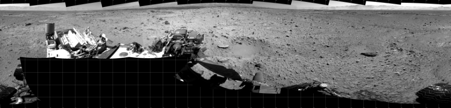 NASA's Mars rover Curiosity took 19 images in Gale Crater using its mast-mounted Left Navigation Camera (Navcam) to create this mosaic. The seam-corrected mosaic provides a 360-degree cylindrical projection panorama of the Martian surface centered at 180 degrees azimuth (measured clockwise from north). Curiosity took the images on December 27, 2013, Sol 494 of the Mars Science Laboratory mission at drive 0, site number 25. The local mean solar time for the image exposures was from 1 PM to 2 PM. Each Navcam image has a 45 degree field of view. CREDIT: NASA/JPL-Caltech