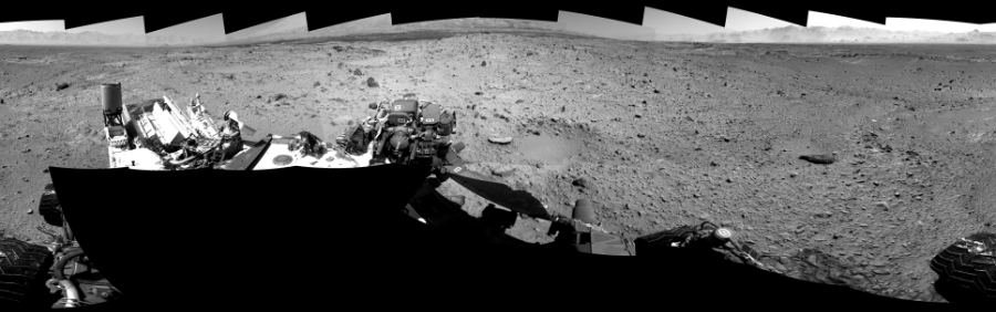 NASA's Mars rover Curiosity took 19 images in Gale Crater using its mast-mounted Left Navigation Camera (Navcam) to create this mosaic. The seam-corrected mosaic provides a 360-degree cylindrical-perspective projection panorama of the Martian surface suitable for stereo viewing, centered at 329 degrees azimuth (measured clockwise from north). This single-eye view must be combined with the partner right image to be viewed in stereo. Curiosity took the images on December 27, 2013, Sol 494 of the Mars Science Laboratory mission at drive 0, site number 25. The local mean solar time for the image exposures was from 1 PM to 2 PM. Each Navcam image has a 45-degree field of view. CREDIT: NASA/JPL-Caltech