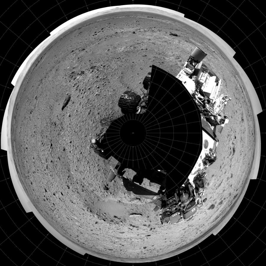 NASA's Mars rover Curiosity took 19 images in Gale Crater using its mast-mounted Left Navigation Camera (Navcam) to create this mosaic. The seam-corrected mosaic provides a polar stereographic projection panorama of the Martian surface with 0 degrees azimuth (measured clockwise from north) at the top of the image. Curiosity took the images on December 27, 2013, Sol 494 of the Mars Science Laboratory mission at drive 0, site number 25. The local mean solar time for the image exposures was from 1 PM to 2 PM. Each Navcam image has a 45-degree field of view. CREDIT: NASA/JPL-Caltech