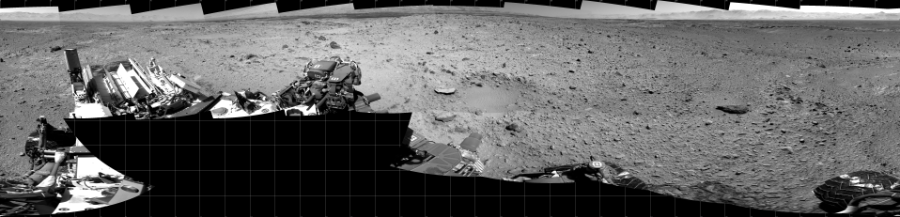 NASA's Mars rover Curiosity took 19 images in Gale Crater using its mast-mounted Right Navigation Camera (Navcam) to create this mosaic. The seam-corrected mosaic provides a 360-degree cylindrical projection panorama of the Martian surface centered at 180 degrees azimuth (measured clockwise from north). Curiosity took the images on December 27, 2013, Sol 494 of the Mars Science Laboratory mission at drive 0, site number 25. The local mean solar time for the image exposures was from 1 PM to 2 PM. Each Navcam image has a 45 degree field of view. CREDIT: NASA/JPL-Caltech