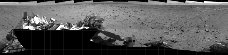 NASA's Mars rover Curiosity took 19 images in Gale Crater using its mast-mounted Left Navigation Camera (Navcam) to create this mosaic. The seam-corrected mosaic provides a 360-degree cylindrical projection panorama of the Martian surface centered at 180 degrees azimuth (measured clockwise from north). Curiosity took the images on January 17, 2014, Sol 515 of the Mars Science Laboratory mission at drive 750, site number 25. The local mean solar time for the image exposures was 1 PM. Each Navcam image has a 45 degree field of view. CREDIT: NASA/JPL-Caltech