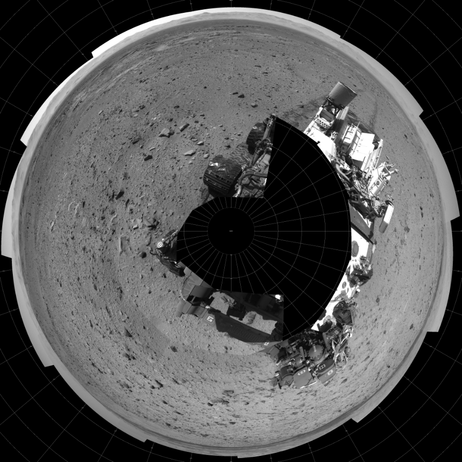 NASA's Mars rover Curiosity took 19 images in Gale Crater using its mast-mounted Left Navigation Camera (Navcam) to create this mosaic. The seam-corrected mosaic provides a polar stereographic projection panorama of the Martian surface with 0 degrees azimuth (measured clockwise from north) at the top of the image. Curiosity took the images on January 17, 2014, Sol 515 of the Mars Science Laboratory mission at drive 750, site number 25. The local mean solar time for the image exposures was 1 PM. Each Navcam image has a 45-degree field of view. CREDIT: NASA/JPL-Caltech