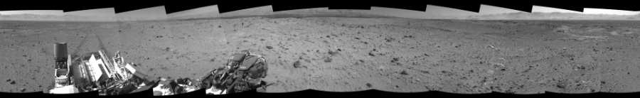 NASA's Mars rover Curiosity took 12 images in Gale Crater using its mast-mounted Right Navigation Camera (Navcam) to create this mosaic. The seam-corrected mosaic provides a 0-degree cylindrical-perspective projection panorama of the Martian surface suitable for stereo viewing, centered at 143 degrees azimuth (measured clockwise from north). This single-eye view must be combined with the partner left image to be viewed in stereo.  Curiosity took the images on January 17, 2014, Sol 515 of the Mars Science Laboratory mission at drive 750, site number 25. The local mean solar time for the image exposures was from 1 PM to 2 PM. Each Navcam image has a 45-degree field of view. CREDIT: NASA/JPL-Caltech