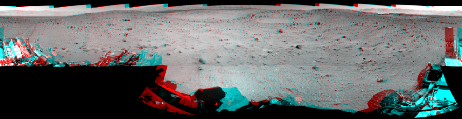 NASA's Mars rover Curiosity took 19 image pairs in Gale Crater using its mast-mounted Navigation Camera (Navcam) to create this mosaic. The seam-corrected mosaic provides a 360-degree cylindrical perspective projection panorama of the Martian surface suitable for stereo viewing, centered at 9 degrees azimuth (measured clockwise from north). This anaglyph must be viewed with red/blue glasses (red over left eye).  Curiosity took the images on January 24, 2014, Sol 522 of the Mars Science Laboratory mission at drive 1296, site number 25. The local mean solar time for the image exposures was from 1 PM to 12 PM. Each Navcam image has a 45-degree field of view. CREDIT: NASA/JPL-Caltech