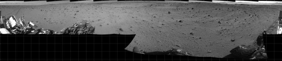 NASA's Mars rover Curiosity took 17 images in Gale Crater using its mast-mounted Left Navigation Camera (Navcam) to create this mosaic. The seam-corrected mosaic provides a 360-degree cylindrical projection panorama of the Martian surface centered at 180 degrees azimuth (measured clockwise from north). Curiosity took the images on January 23, 2014, Sol 521 of the Mars Science Laboratory mission at drive 1296, site number 25. The local mean solar time for the image exposures was 2 PM. Each Navcam image has a 45 degree field of view. CREDIT: NASA/JPL-Caltech