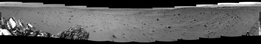 NASA's Mars rover Curiosity took 12 images in Gale Crater using its mast-mounted Left Navigation Camera (Navcam) to create this mosaic. The seam-corrected mosaic provides a 360-degree cylindrical-perspective projection panorama of the Martian surface suitable for stereo viewing, centered at 9 degrees azimuth (measured clockwise from north). This single-eye view must be combined with the partner right image to be viewed in stereo. Curiosity took the images on January 23, 2014, Sol 521 of the Mars Science Laboratory mission at drive 1296, site number 25. The local mean solar time for the image exposures was 2 PM. Each Navcam image has a 45-degree field of view. CREDIT: NASA/JPL-Caltech