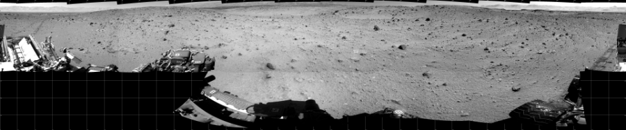 NASA's Mars rover Curiosity took 19 images in Gale Crater using its mast-mounted Left Navigation Camera (Navcam) to create this mosaic. The seam-corrected mosaic provides a 360-degree cylindrical projection panorama of the Martian surface centered at 180 degrees azimuth (measured clockwise from north). Curiosity took the images on January 24, 2014, Sol 522 of the Mars Science Laboratory mission at drive 1296, site number 25. The local mean solar time for the image exposures was from 1 PM to 12 PM. Each Navcam image has a 45 degree field of view. CREDIT: NASA/JPL-Caltech