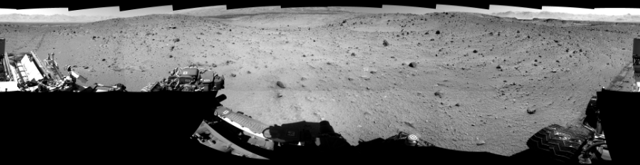 NASA's Mars rover Curiosity took 19 images in Gale Crater using its mast-mounted Left Navigation Camera (Navcam) to create this mosaic. The seam-corrected mosaic provides a 360-degree cylindrical-perspective projection panorama of the Martian surface suitable for stereo viewing, centered at 9 degrees azimuth (measured clockwise from north). This single-eye view must be combined with the partner right image to be viewed in stereo.  Curiosity took the images on January 24, 2014, Sol 522 of the Mars Science Laboratory mission at drive 1296, site number 25. The local mean solar time for the image exposures was from 1 PM to 12 PM. Each Navcam image has a 45-degree field of view. CREDIT: NASA/JPL-Caltech