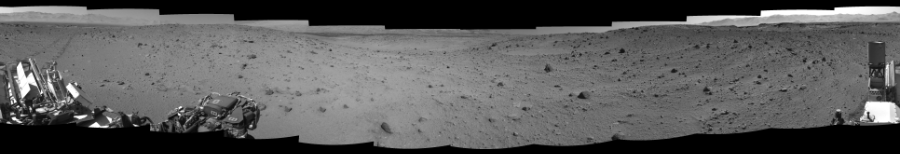 NASA's Mars rover Curiosity took 12 images in Gale Crater using its mast-mounted Right Navigation Camera (Navcam) to create this mosaic. The seam-corrected mosaic provides a 360-degree cylindrical-perspective projection panorama of the Martian surface suitable for stereo viewing, centered at 5 degrees azimuth (measured clockwise from north). This single-eye view must be combined with the partner left image to be viewed in stereo. Curiosity took the images on January 23, 2014, Sol 521 of the Mars Science Laboratory mission at drive 1296, site number 25. The local mean solar time for the image exposures was 2 PM. Each Navcam image has a 45-degree field of view. CREDIT: NASA/JPL-Caltech