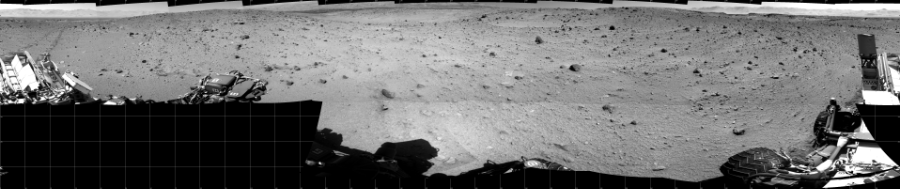 NASA's Mars rover Curiosity took 19 images in Gale Crater using its mast-mounted Right Navigation Camera (Navcam) to create this mosaic. The seam-corrected mosaic provides a 360-degree cylindrical projection panorama of the Martian surface centered at 180 degrees azimuth (measured clockwise from north). Curiosity took the images on January 24, 2014, Sol 522 of the Mars Science Laboratory mission at drive 1296, site number 25. The local mean solar time for the image exposures was from 1 PM to 12 PM. Each Navcam image has a 45 degree field of view. CREDIT: NASA/JPL-Caltech